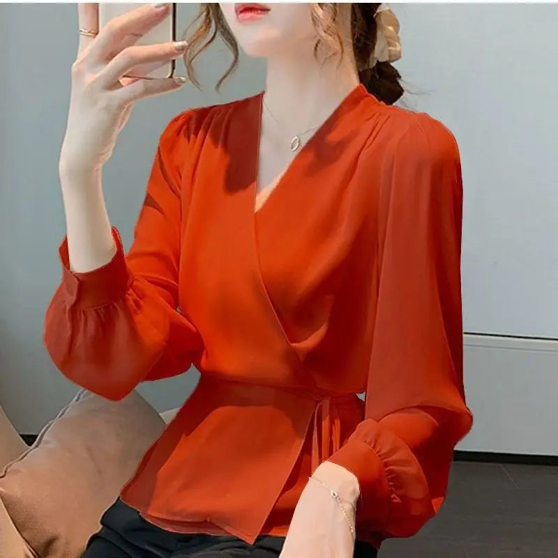 Stylish V-Neck Solid Color All-match Bandage Chiffon Shirt Women's Clothing 2025 Spring New Loose Korean Tops Irregular Blouse