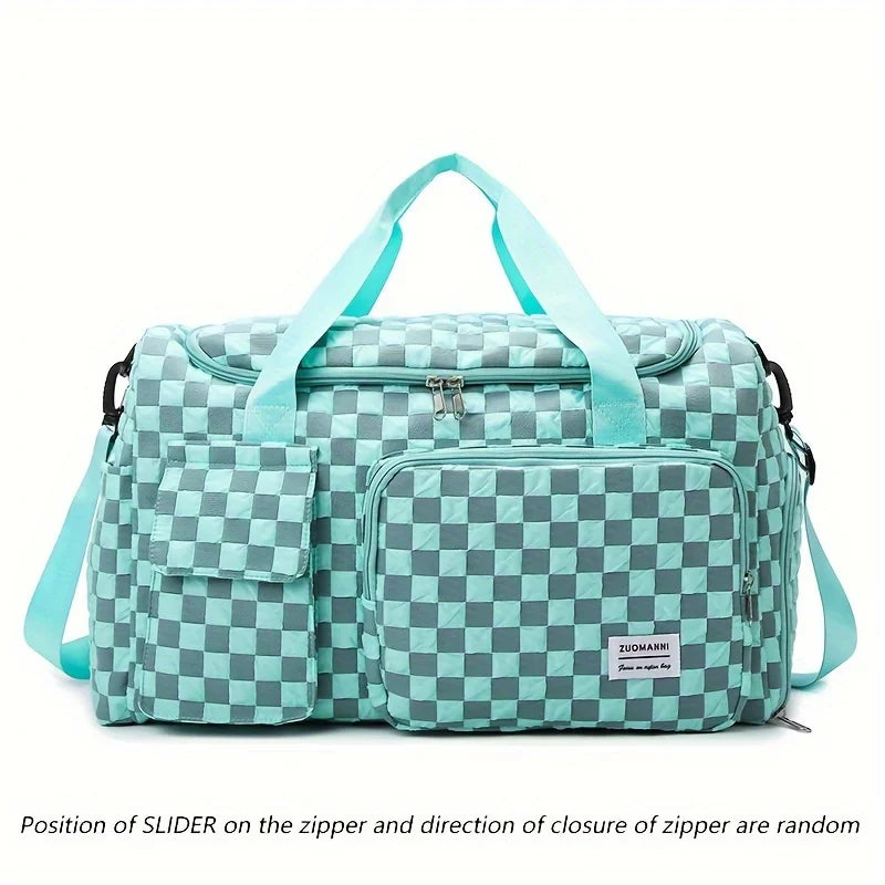 Stylish Checkerboard Pattern Design Large Capacity Duffle Travel Bag, Portable Sports Gym Bag, Weekender Overnight Bag