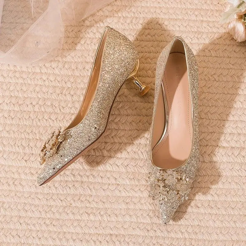 Ladies Pumps Pointed Toe Silver Rhinestone Low Heel Elegant Women's Shoes Bride Footwear 39 Vacation 2025 Trend on Offer Slip