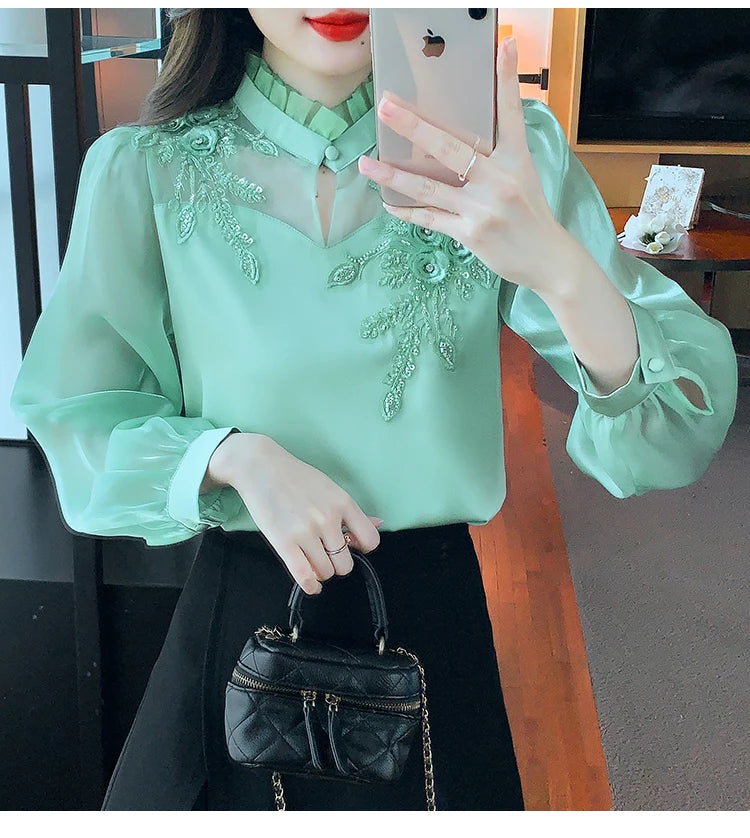 H Han Queen Elegant Autumn Shirt Embroidery Beads Chiffon Simple Office Blouse Loose Tops Long Sleeve Casual Blouses Women