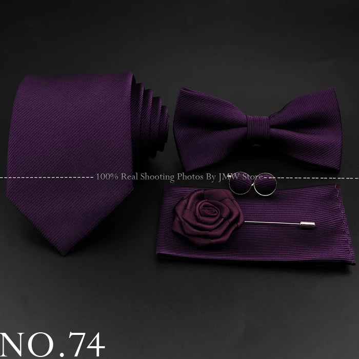 Hot Sale Red Blue Tie Set Polyester Slim Striped Necktie Bowtie Cufflink Brooch For Groom Suit Wedding Cravat Shirt Accessory