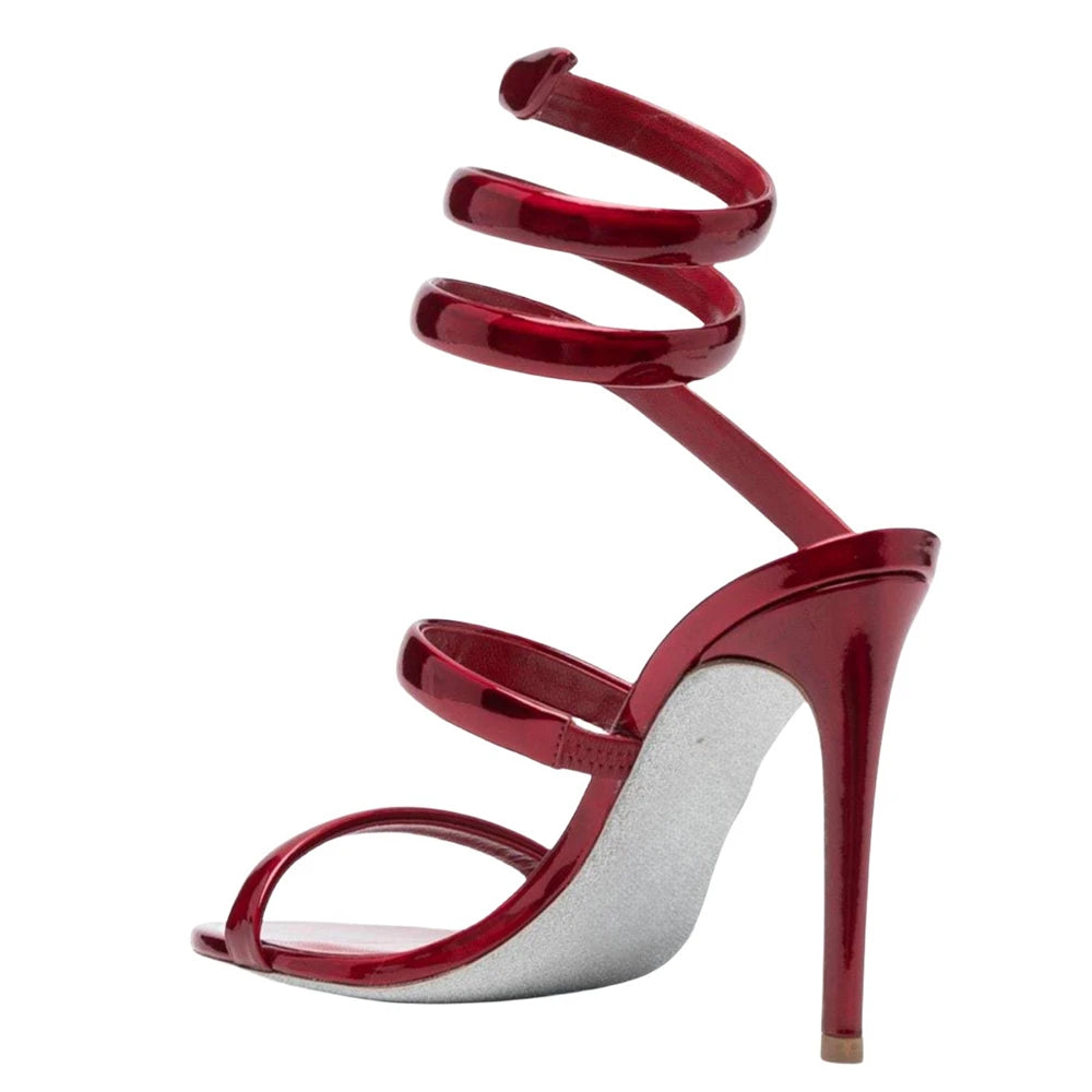 Summer new round toe silk ribbon snake-shaped wrapped sexy sandals thin high-heeled banquet dress large size women's shoes