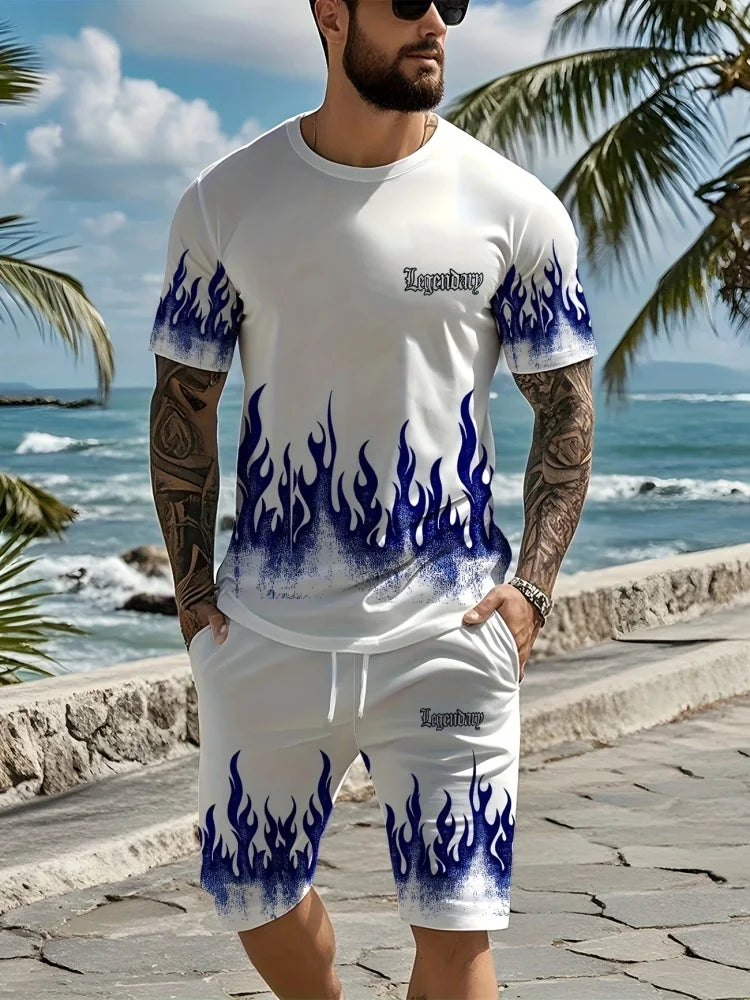 Men's Summer Short Sleeve Set Hip Hop Cartoon Bear Print Short Sleeve Top Shorts Casual Two-piece Outdoor Urban Street Fashion