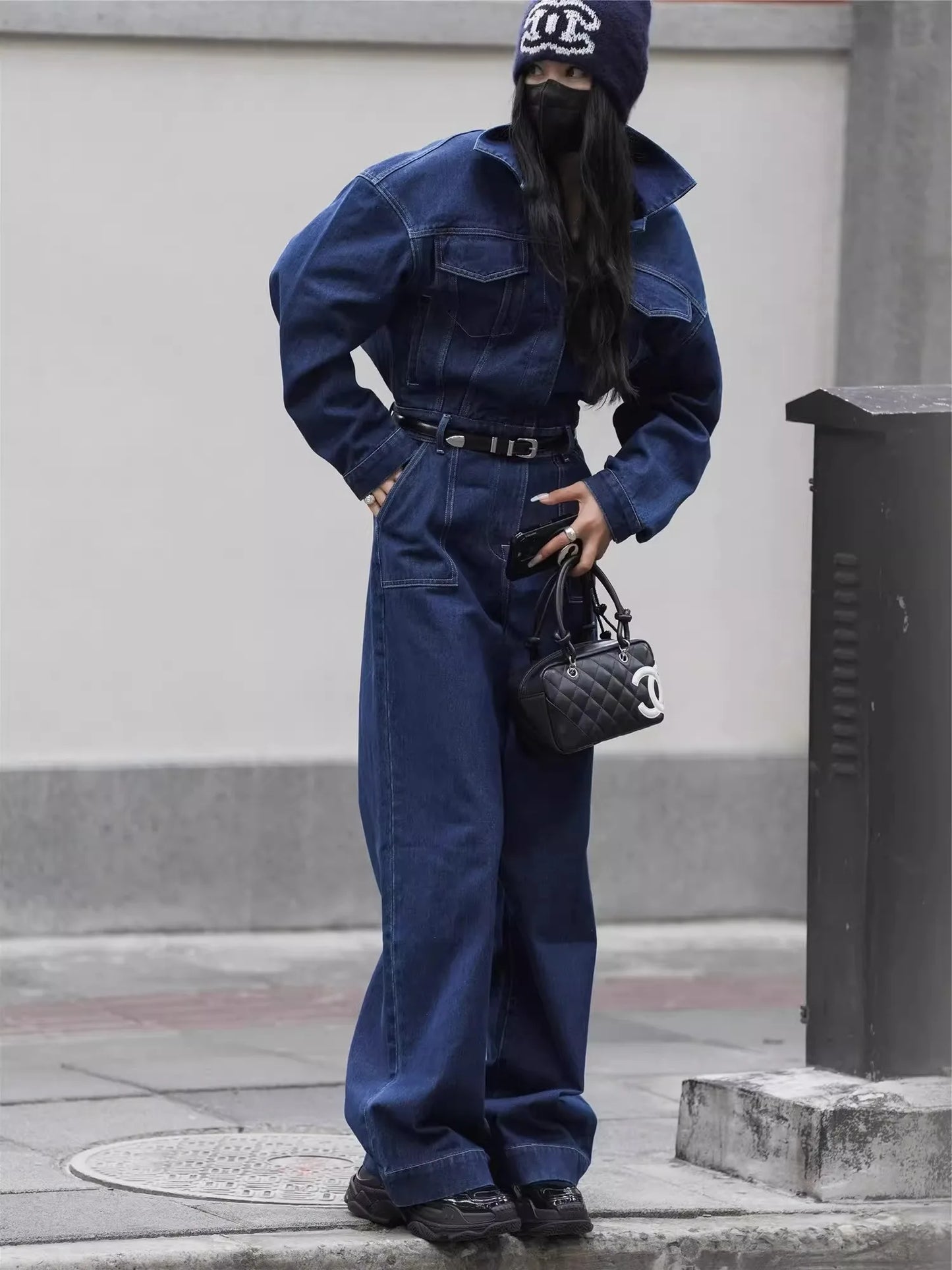 Blue Design Denim Jumpsuit Women'S Spring And Autumn Collar Fashionable Workwear Large Pocket Loose Pants