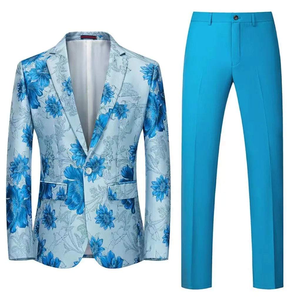 Men Suit 2 Pieces Orange Flower Pattern One Button Business Casual For Wedding Birthday Party Set Jacket And Pants