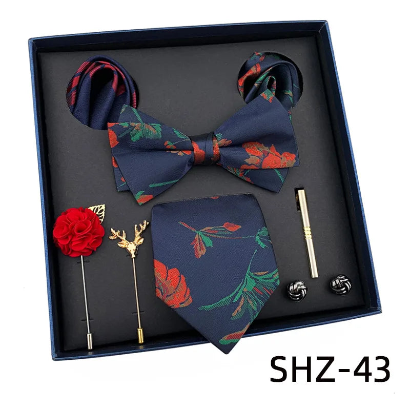 Vintage Green Men's Tie Set Luxury Neck Ties For Wedding Gift Bowtie Handkerchief Cufflinks Tie Clip Brooch Set For Male Necktie