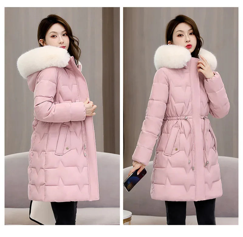 2025 New Winter Women Parka Fur Hooded Jackets Thicken Warm Cotton-padded Puffer Coat Casual Long Parkas Clothes Loose Outerwear