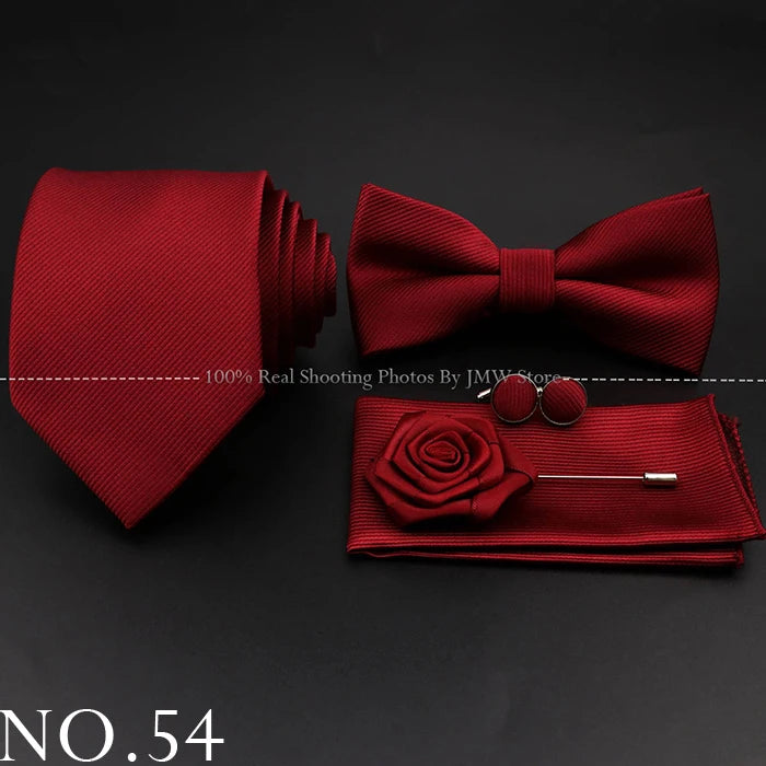 Hot Sale Red Blue Tie Set Polyester Slim Striped Necktie Bowtie Cufflink Brooch For Groom Suit Wedding Cravat Shirt Accessory