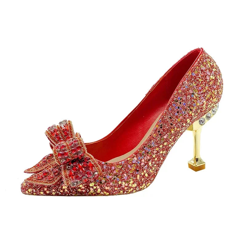 Women's Rhinestone Wedding Shoes New Year Shoes Luxury Buckle Decorative Banquet Women's Shoes High Heels Gold Silver Red