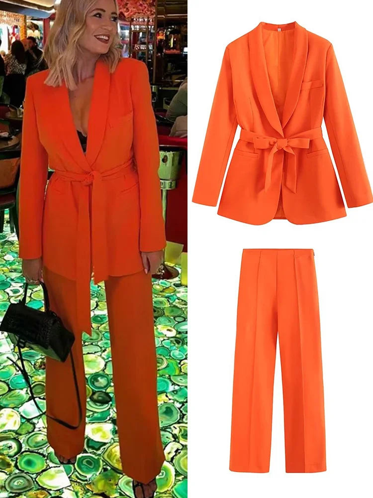 2025 Spring Summer 2 pieces sets Fashion Blazers Coats ang Trousers Female Street Solid Sashes Bow Elegant Two Suits Clothing
