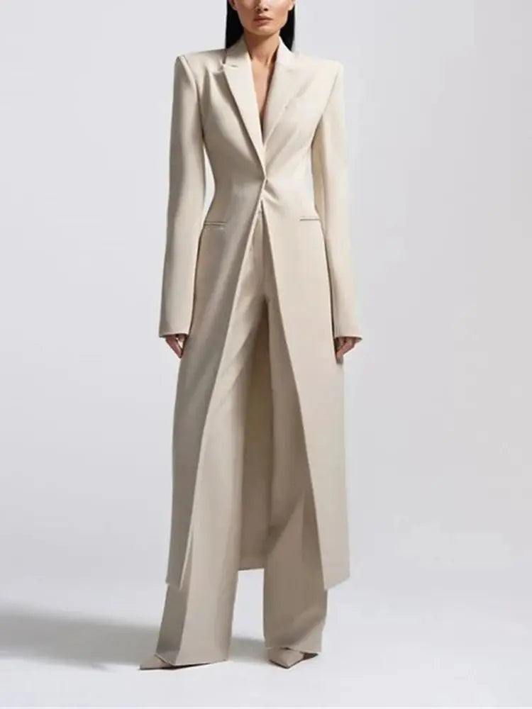 Fashion Beige Women's Blazer PantsSuit Peak Lapel Long Coat Wedding Formal Suits Office Lady Jacket Pant 2 Piece