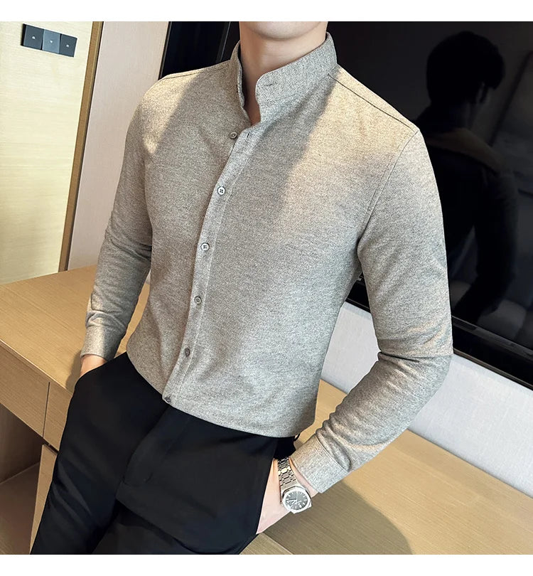 Winter Men Woolen Shirt with British Style Solid Casual Stand Up Collar Thick Warm Wool Formal Dress Shirt Fashion Men Clothing