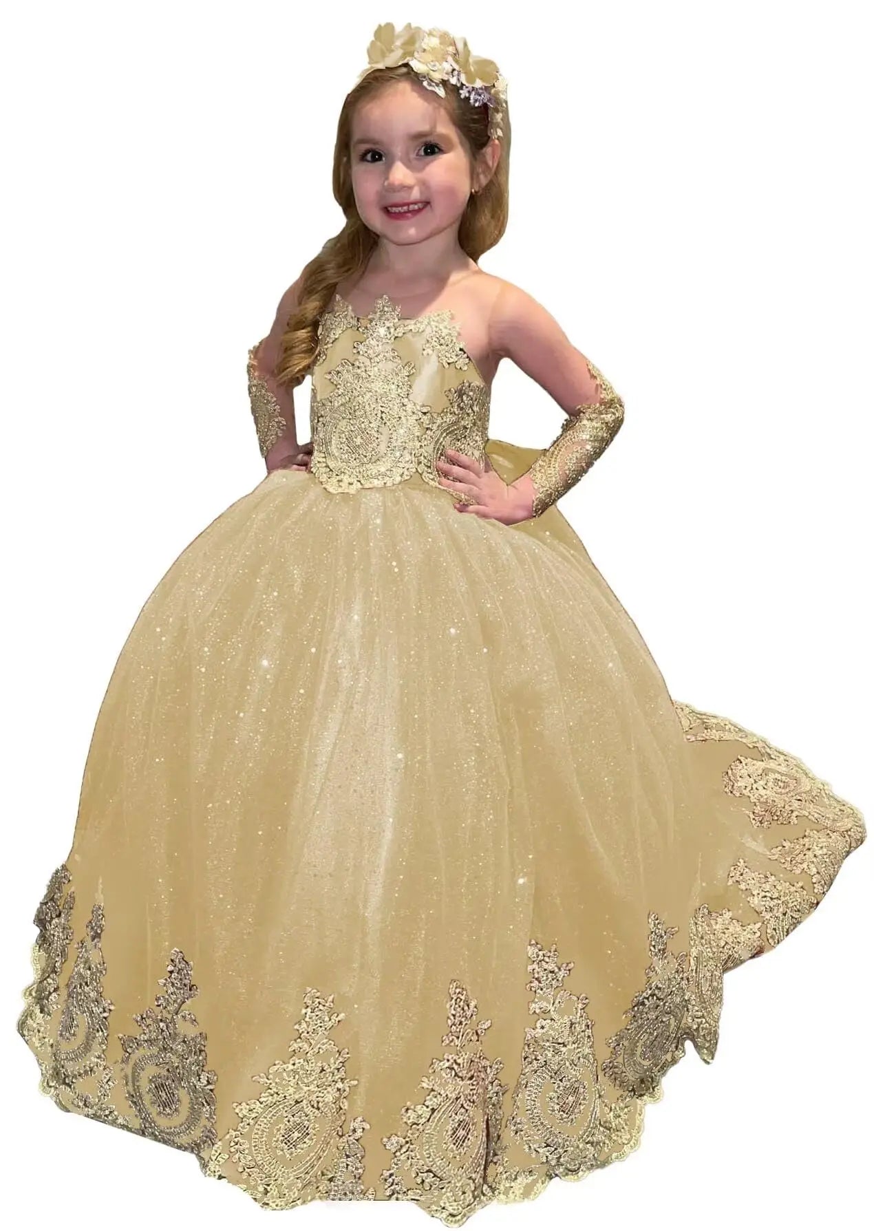 Glitter Puffy Princess Flower Girl Dresses Gold Appliques Bow Tulle Long Pageant Wedding Party Mini Quinceanera Dress Ball Gowns