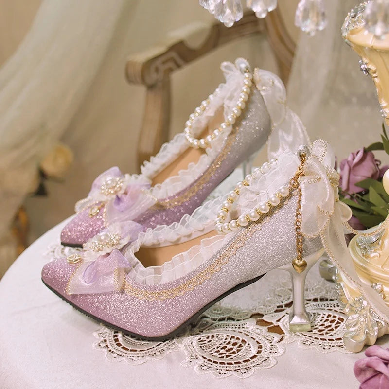 Lolita High Heels One Night Story Lolita Shoes Shiny Pointed High Heels Flower Wedding Ceremony 18 Year Old Slim Heels
