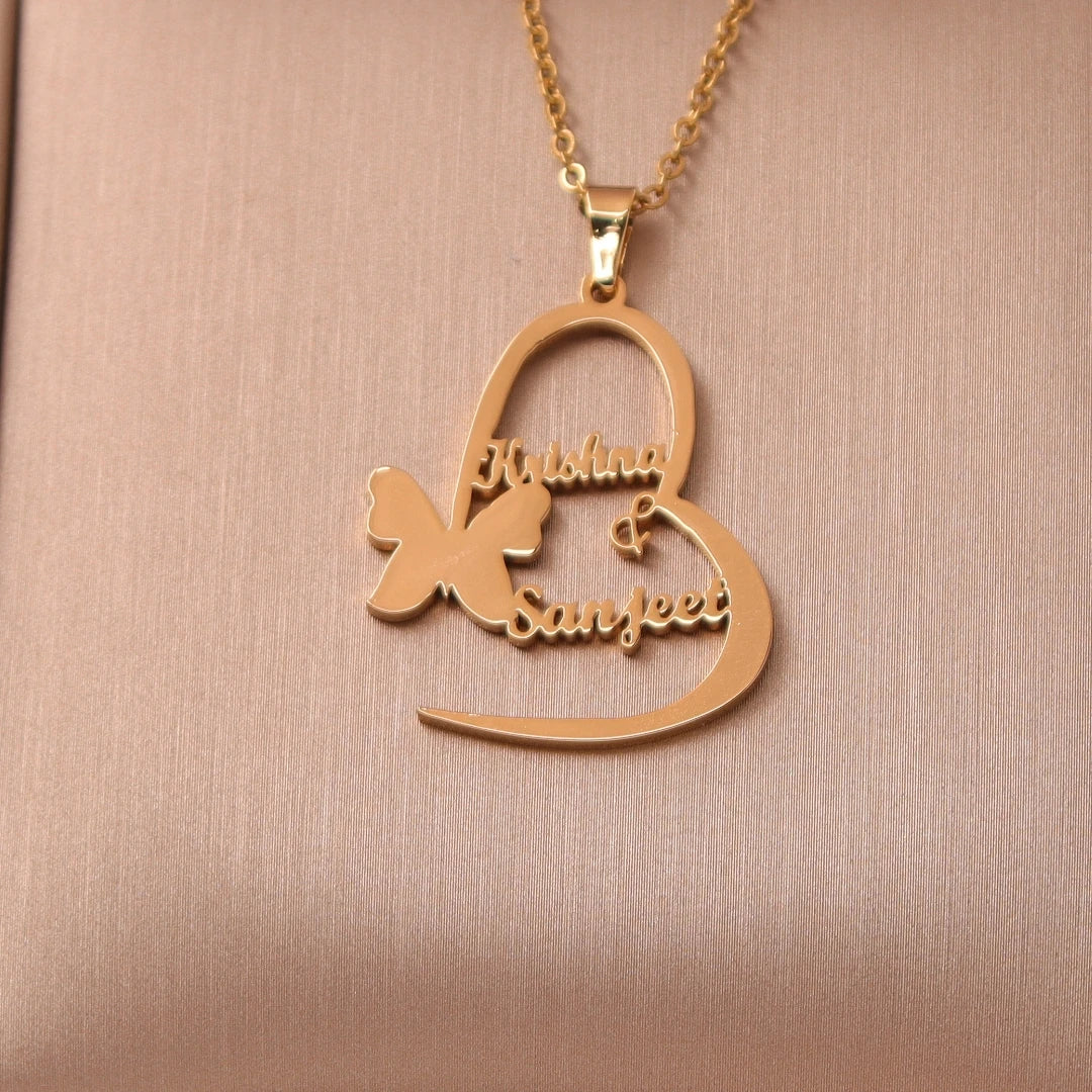Personalized Customized Butterfly Name Necklace Stainless Steel Heart Custom Nameplate Necklace For Women Jewelry Gift