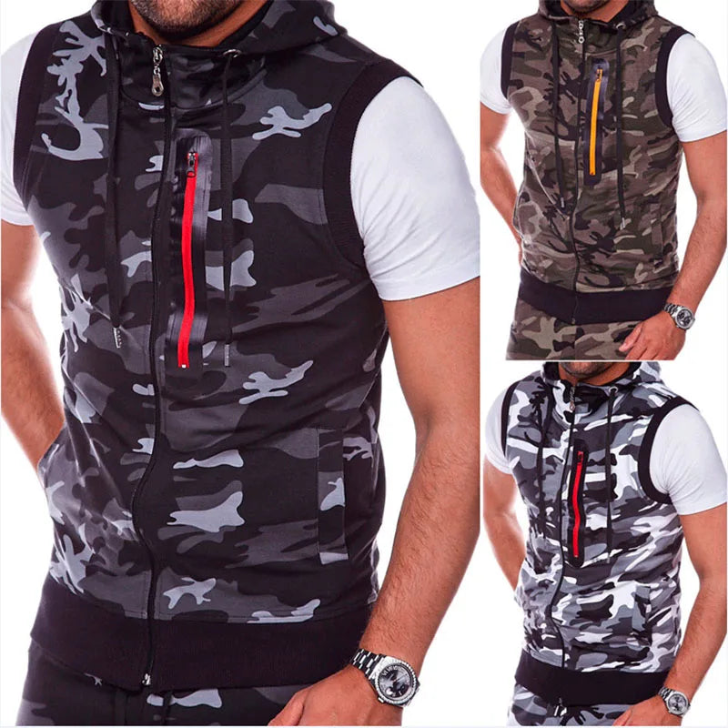 Men Summer Hooded Zipper Vest Mens Clothes Camouflage Tank Top Fitness Sweatshirt Sportswear Clothing Sleeveless Tanktop