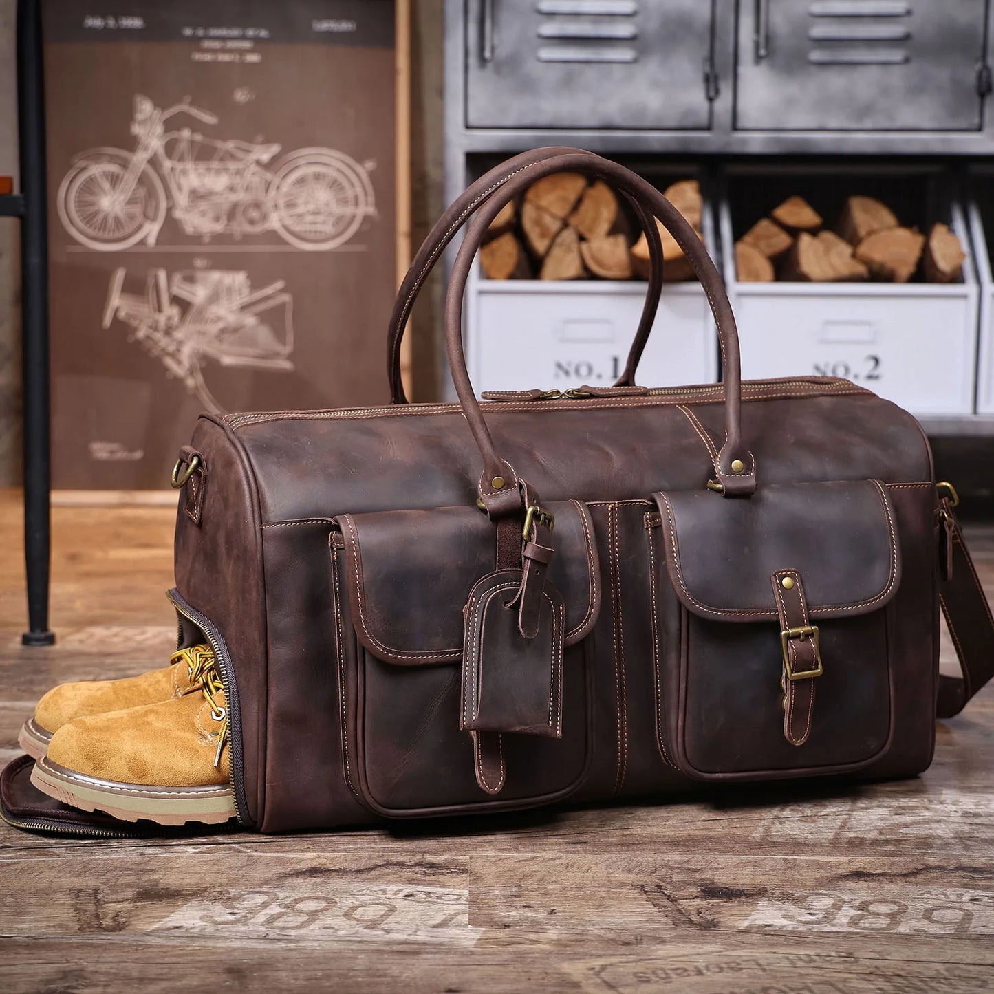 S.WORKER Vintage Genuine Leather Travel Bag Crazy-horse Cowhide Leather Duffel Bag Handicrafted Weekender Bag Gym Bag