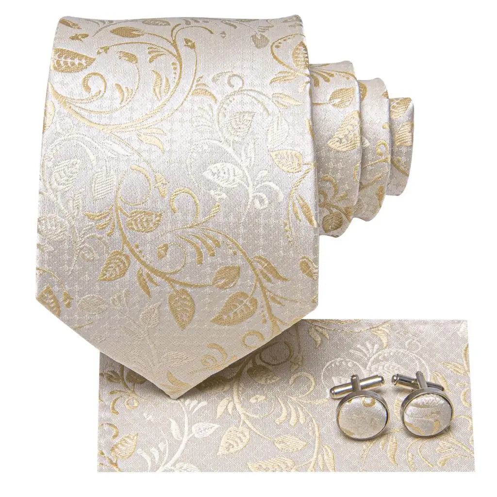 Hi-Tie Champagne Ivory Floral Solid Design Silk Wedding Tie For Men Quality Hanky Cufflink Fashion Nicktie Business Dropshipping
