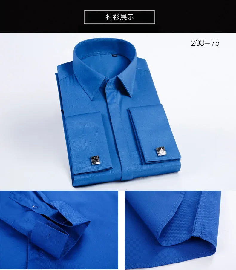 Spring Autumn Men's French Cufflinks Business Dress Shirt Sleeve Pin Solid Color Non-iron Shirts Slim Fit Party Men's Wear