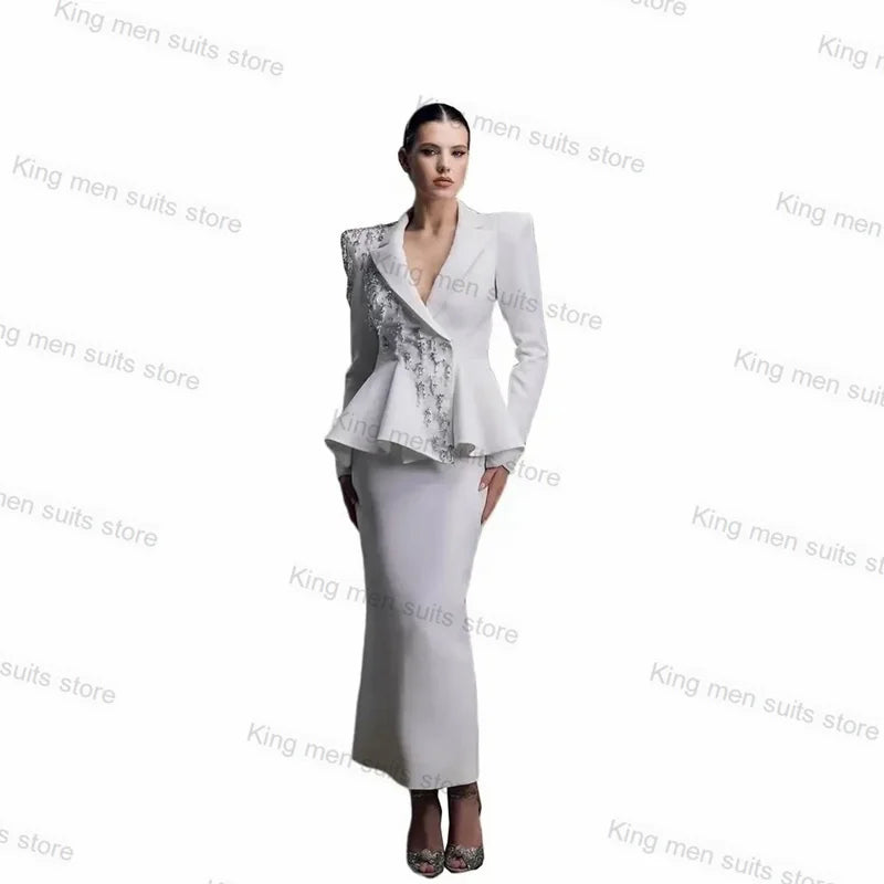 Crystals White Wedding Women Suit Skirt Set 2 Piece Blazer+Midi Prom Dress Custom Made Formal Bride Tuxedo Autumn Jacket Coat