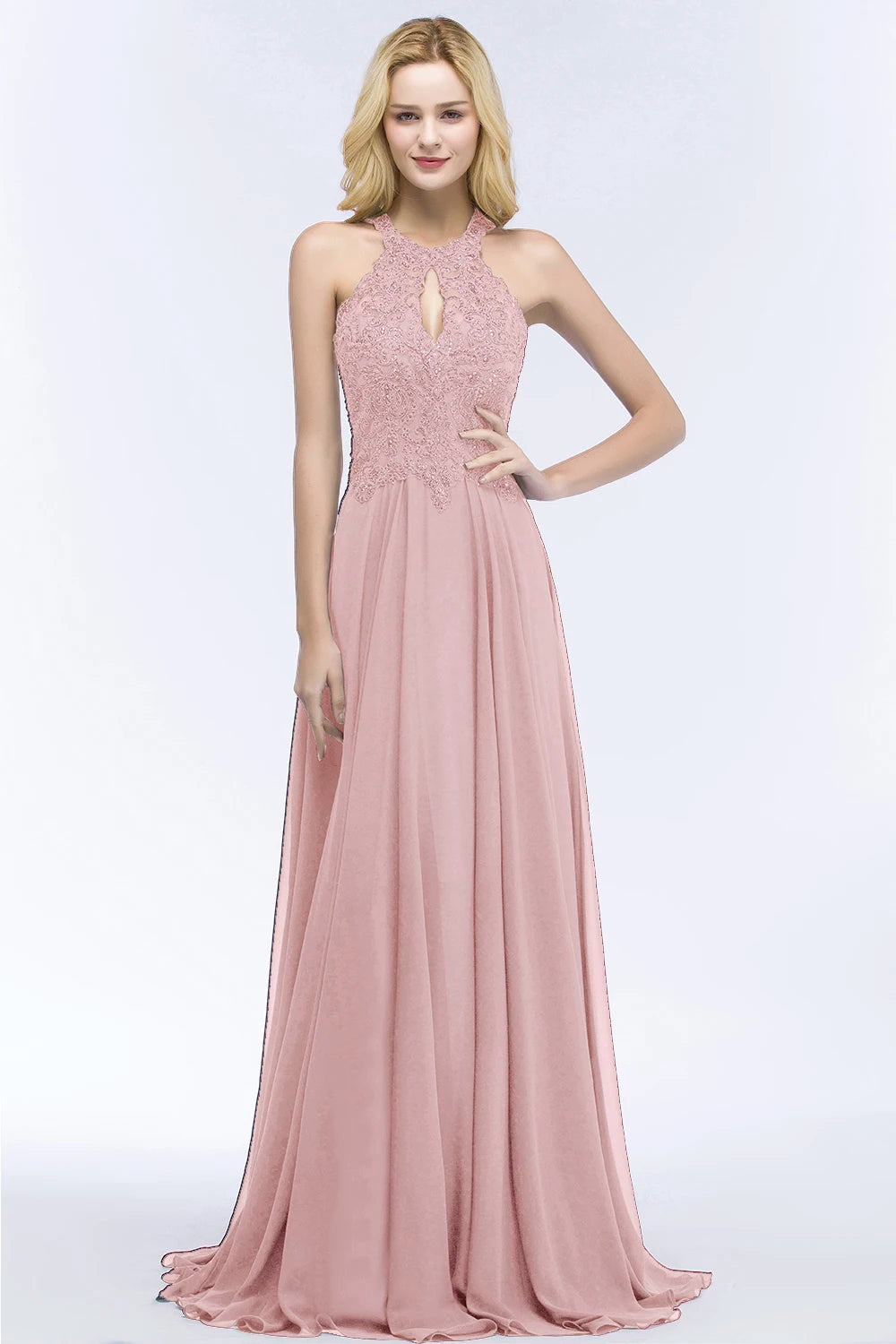 BABYONLINE Halter Neckline Lace Pearls Bodice Bridesmaid Dress Long Floor-length Skirt Chiffon Sexy Open Back Wedding Clothes