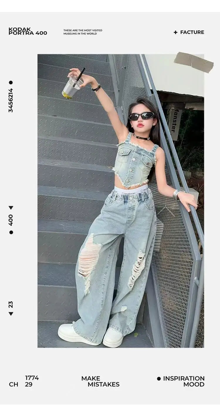 Girl Summer 2025 Halter Vest Ripped Wide-Leg Pants Two-Piece Set Kids Casual Harbor Flavor Simple Style