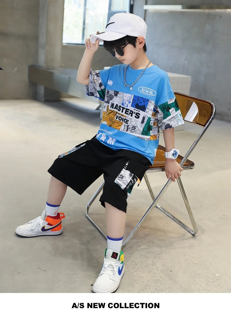 Summer Boys Cotton Alphabet Picture Printed T-Shirt Tops+Shorts Pant School Kids 2PCS Tracksuit Child Outfits Workout Set 3-16Yr