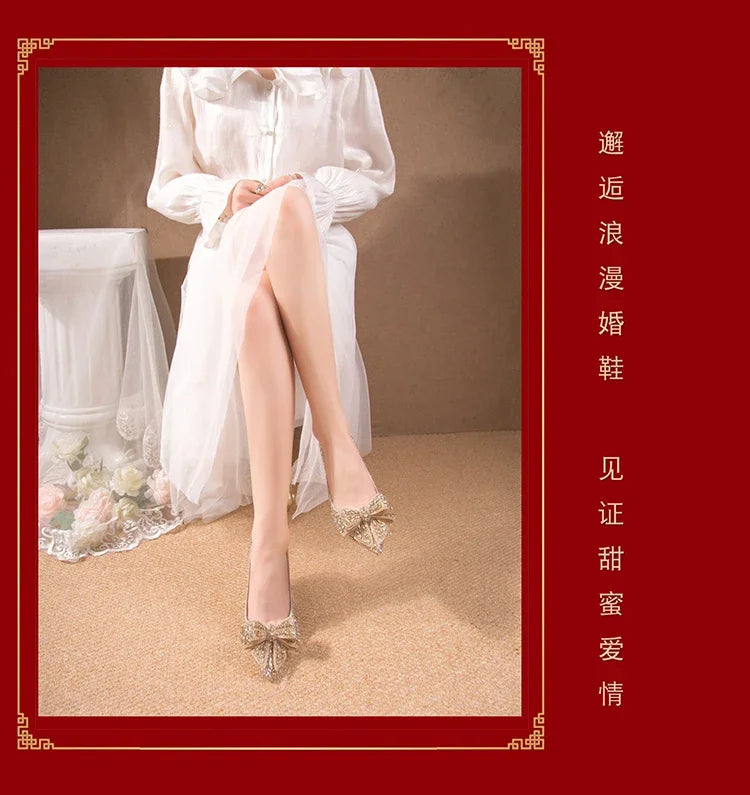 Women's Rhinestone Wedding Shoes New Year Shoes Luxury Buckle Decorative Banquet Women's Shoes High Heels Gold Silver Red