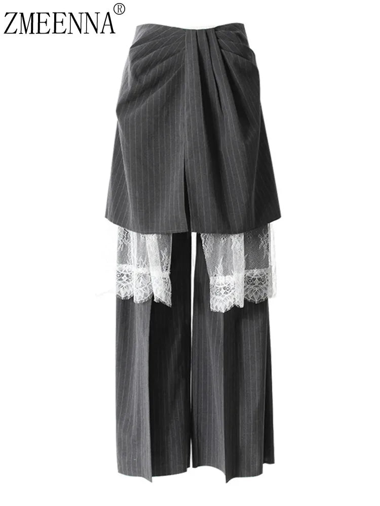 ZMEENNA Gray Stripe Patchwork Skirt Gauze Pants 2 Piece Sets For Women 2025 Spring Fashion Female New Elegant Pants ZM616