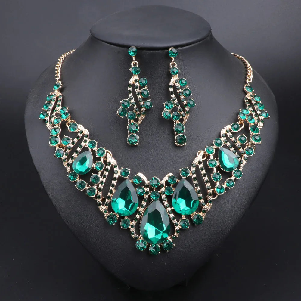 Fashion Crystal Gold Color Necklace Earrings Indian Bridal Jewelry Sets For Brides Wedding Party Costume Accessories Women