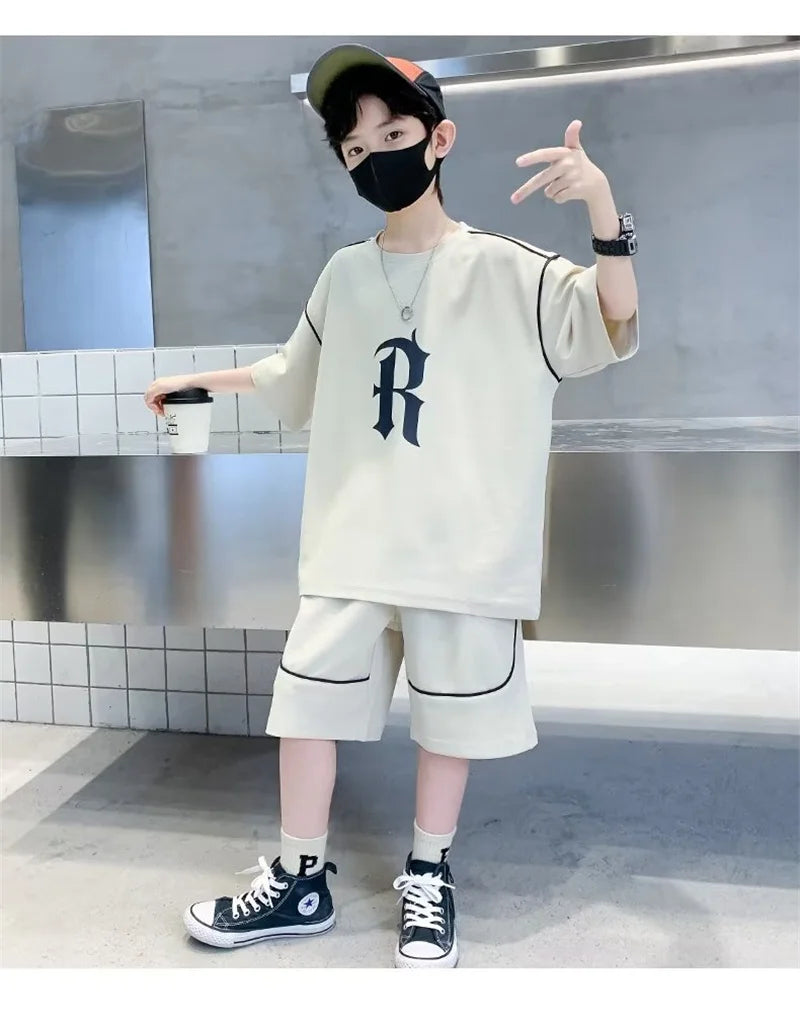 Boys Loose Casual Clothing Sets Summer Big Kids Sportwear Suits Short Sleeve Tops+Shorts 2Pcs Children Fashion Outfits 5-14 Year