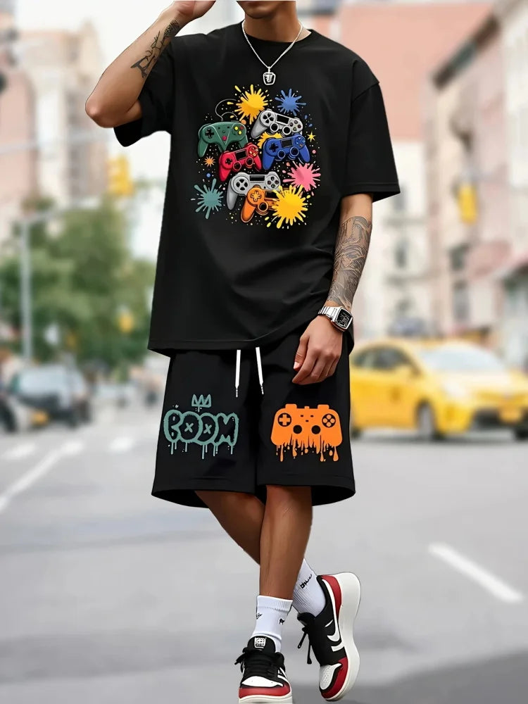 Men's Summer Short Sleeve Set Hip Hop Cartoon Bear Print Short Sleeve Top Shorts Casual Two-piece Outdoor Urban Street Fashion