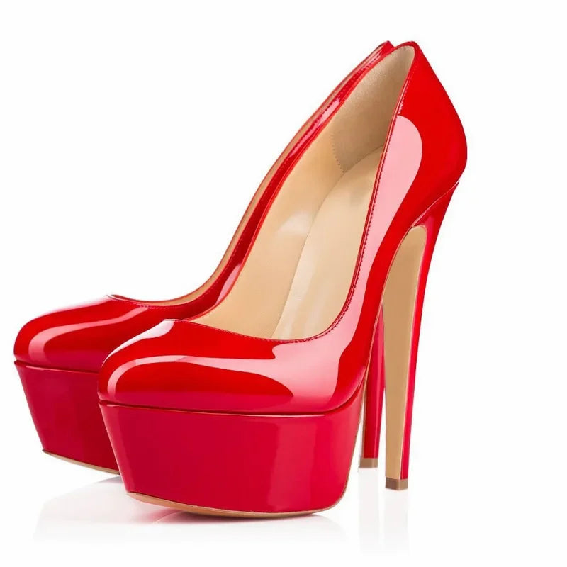 2025 Fashion Women Pumps 14cm Extremely Platform High Heels Sexy Patent Leather Red Black Wedding Party Shoes Stiletto Plus Size