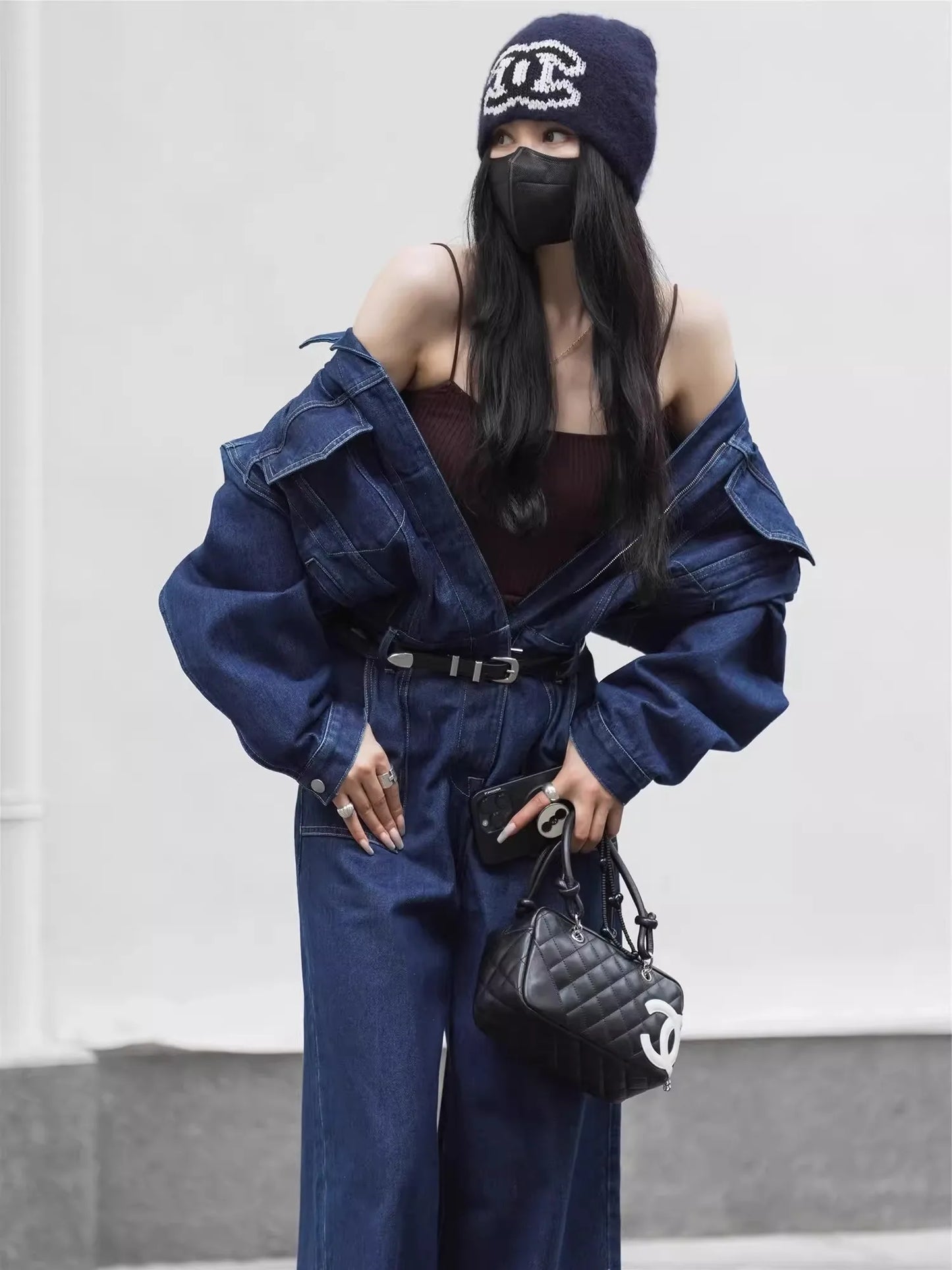 Blue Design Denim Jumpsuit Women'S Spring And Autumn Collar Fashionable Workwear Large Pocket Loose Pants