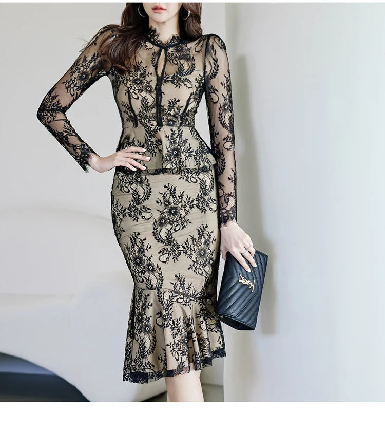 Spring Professional Woman Lace 2 Pieces Set Simple Tops + Vintage High Waist Mermaid Skirt Korean Skirts Suits