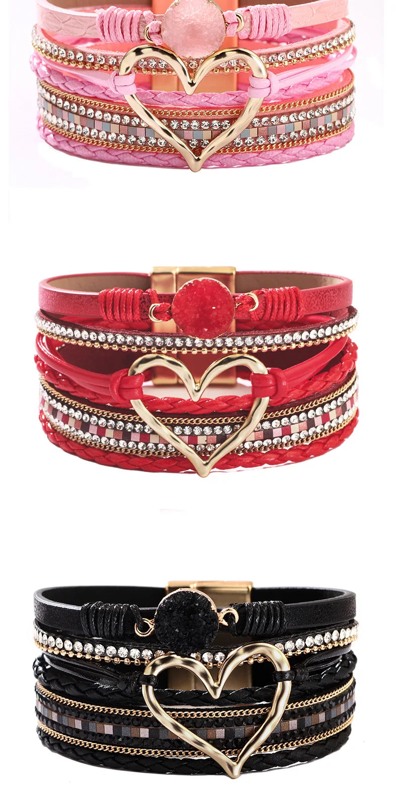 WYBU Love Heart Charm Leather Bracelets For Women Fashion Braided Bangles Multilayer Resin Stone Hollow Leather Wrap Bracelets