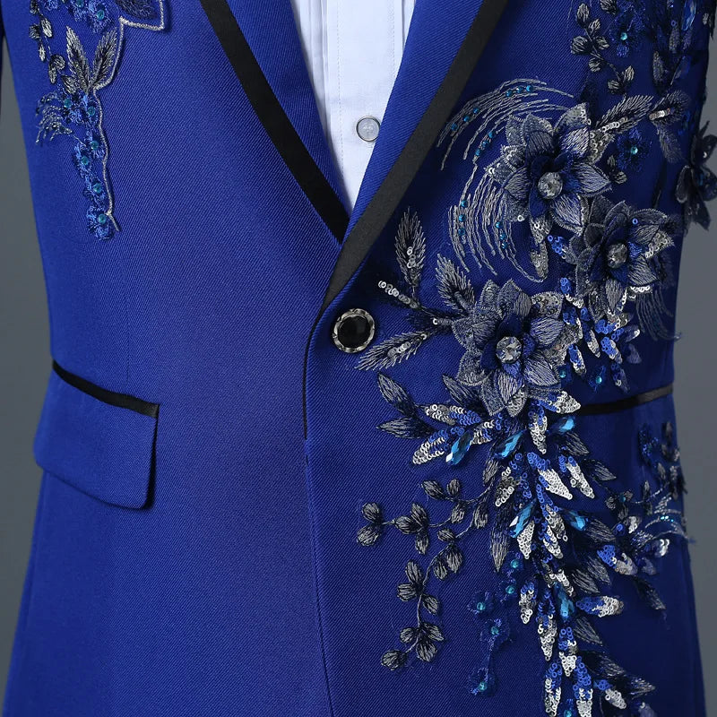 COLDKER Elegant Appliqued Mens Suits Slim Fit 2 Piece Formal Tuxedo Suits Blazer Pants with Bow Tie for Wedding Prom