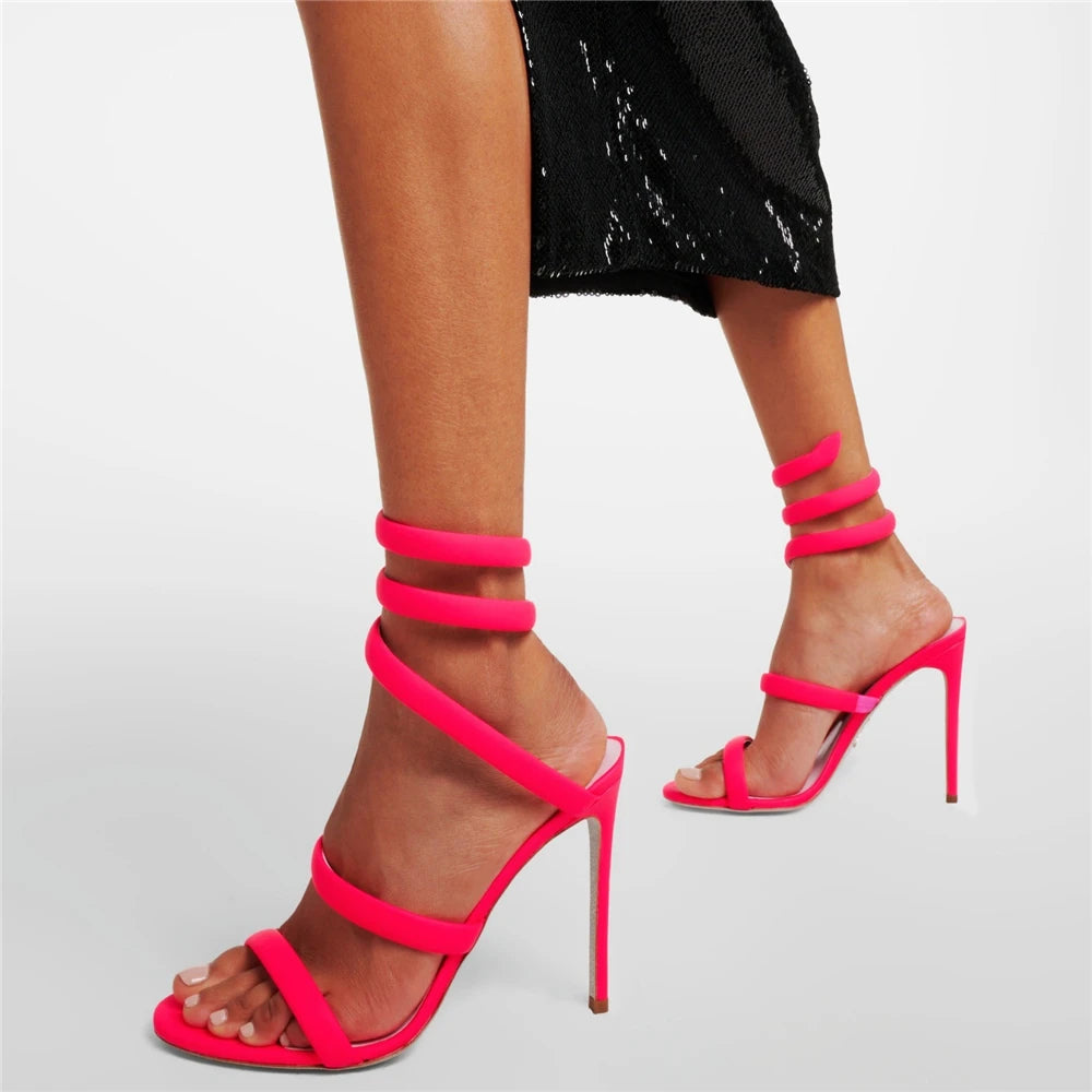 Summer new round toe silk ribbon snake-shaped wrapped sexy sandals thin high-heeled banquet dress large size women's shoes
