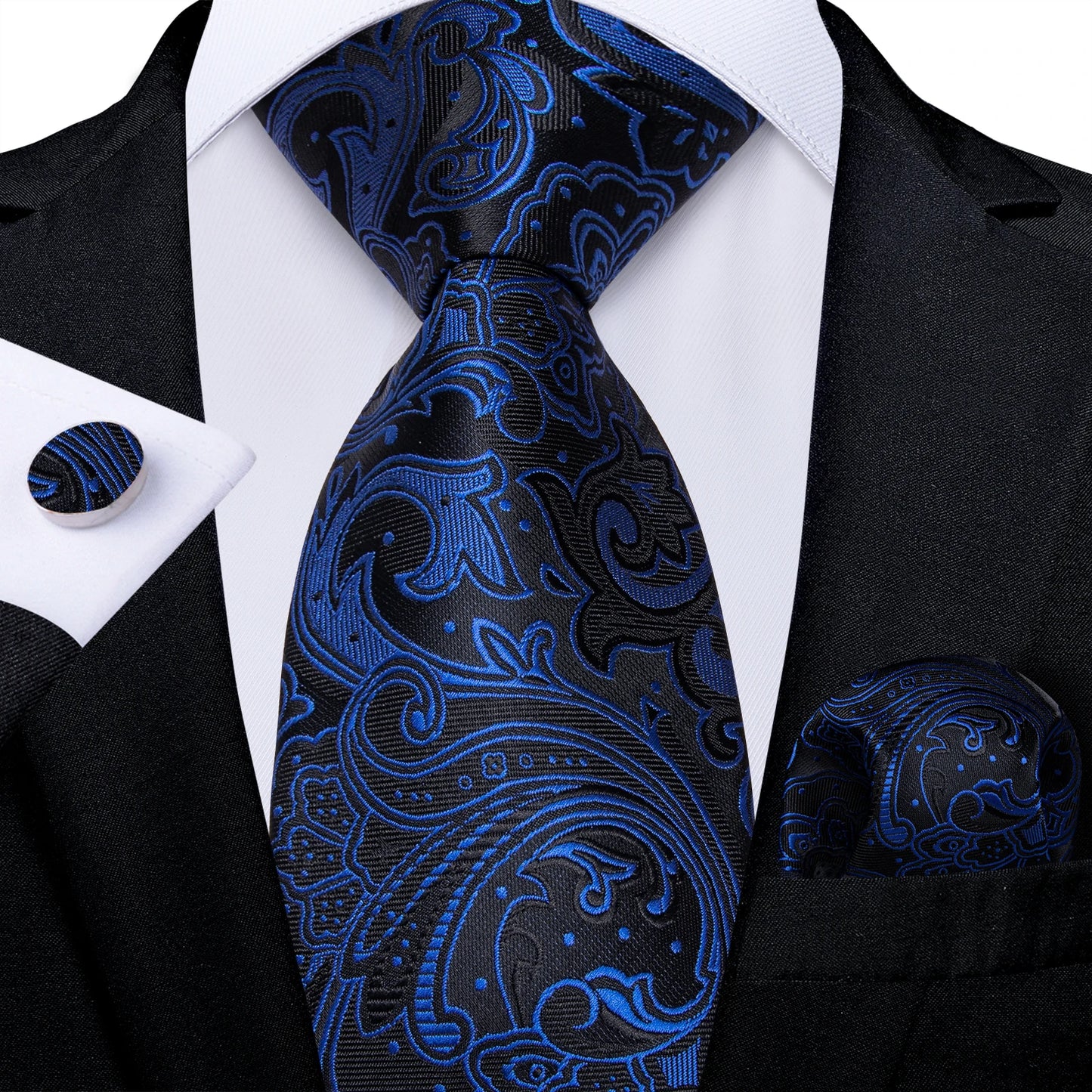 Royal Blue Paisley Plaid Striped Men tie Set with Handkerchief Cufflinks Wedding Prom Groom Accessories Perfect Gift for Men
