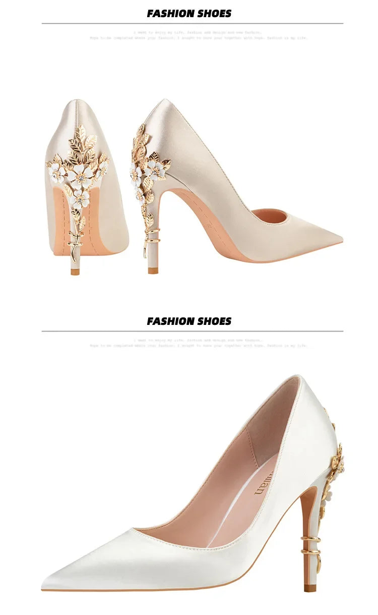 Women's Metal Flowers Stiletto High-heel Shoes Female Light Luxury Sexy Fashion Wedding Shoes Pointed Toe Satin Single Shoes