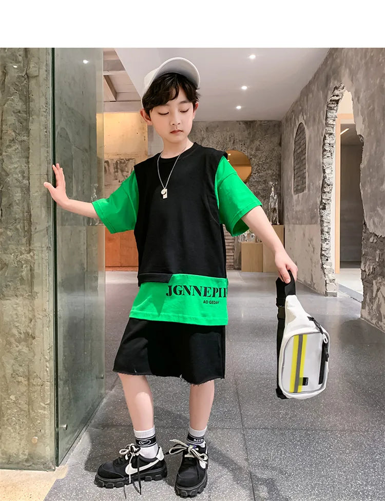 Summer Children Boy Clothes Set Kid Faux Two-piece Letterr Printed Tshirts and Shorts 2 Pieces Suit Teenage Top Bottom Outfits