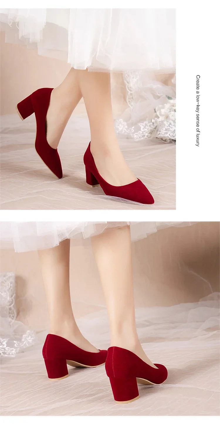 French Red Wedding Shoes for Women 2024 Spring/Summer/Autumn New Pointed Thick Heels Not Tiring Feet Bride Shoes