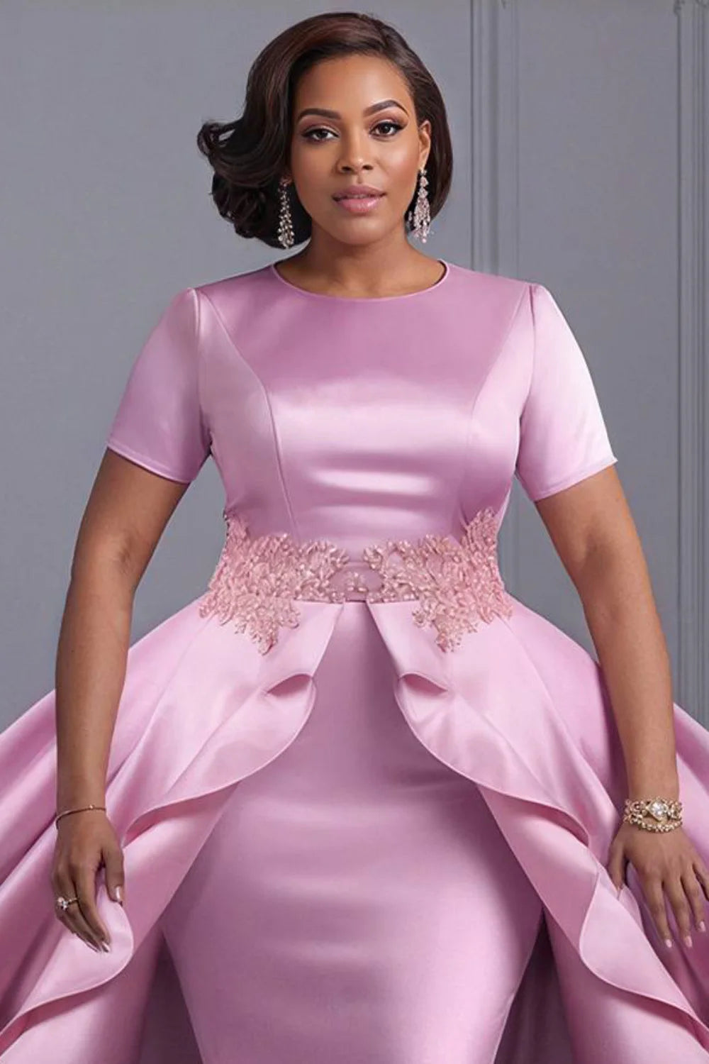 Plus Size Mother Of The Bride Pink Round Neck Short Sleeve With Skirt Overlay Elegant Bodycon Midi Dresses
