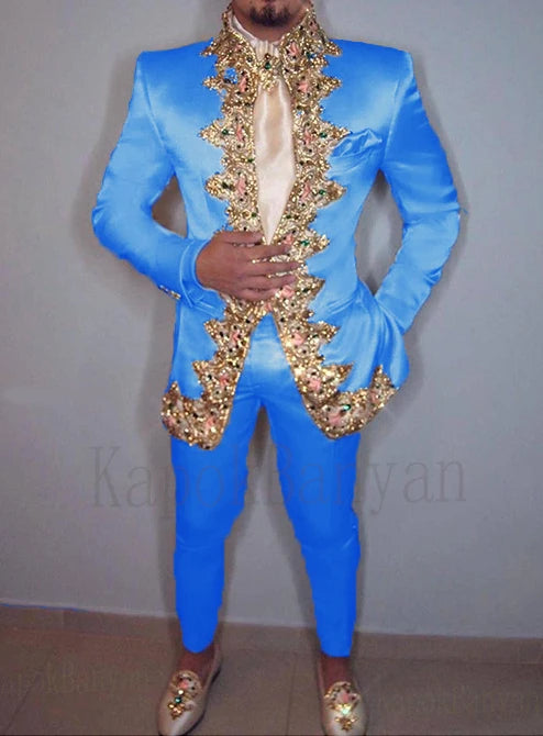 Men Suit 2020 Two Piece (Jacket+Pants+Belt) Italian Stand Collar Slim Fit Wedding Suit for Men Custom Made Embroidery Suit