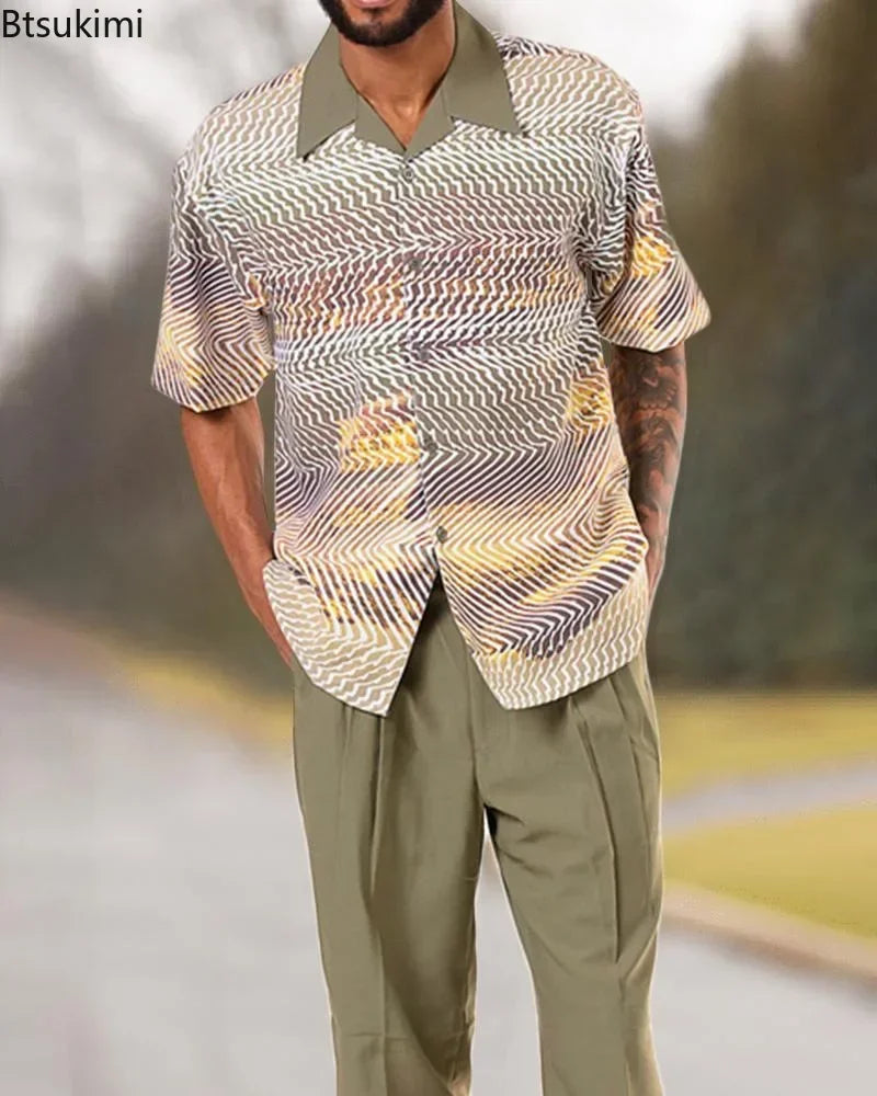 2025 Trend Print Men's Tops+Trousers Sets Spring Summer New Party Sport Casual Suits Shirts Pants 2-Piece Fashion Men's Clothing