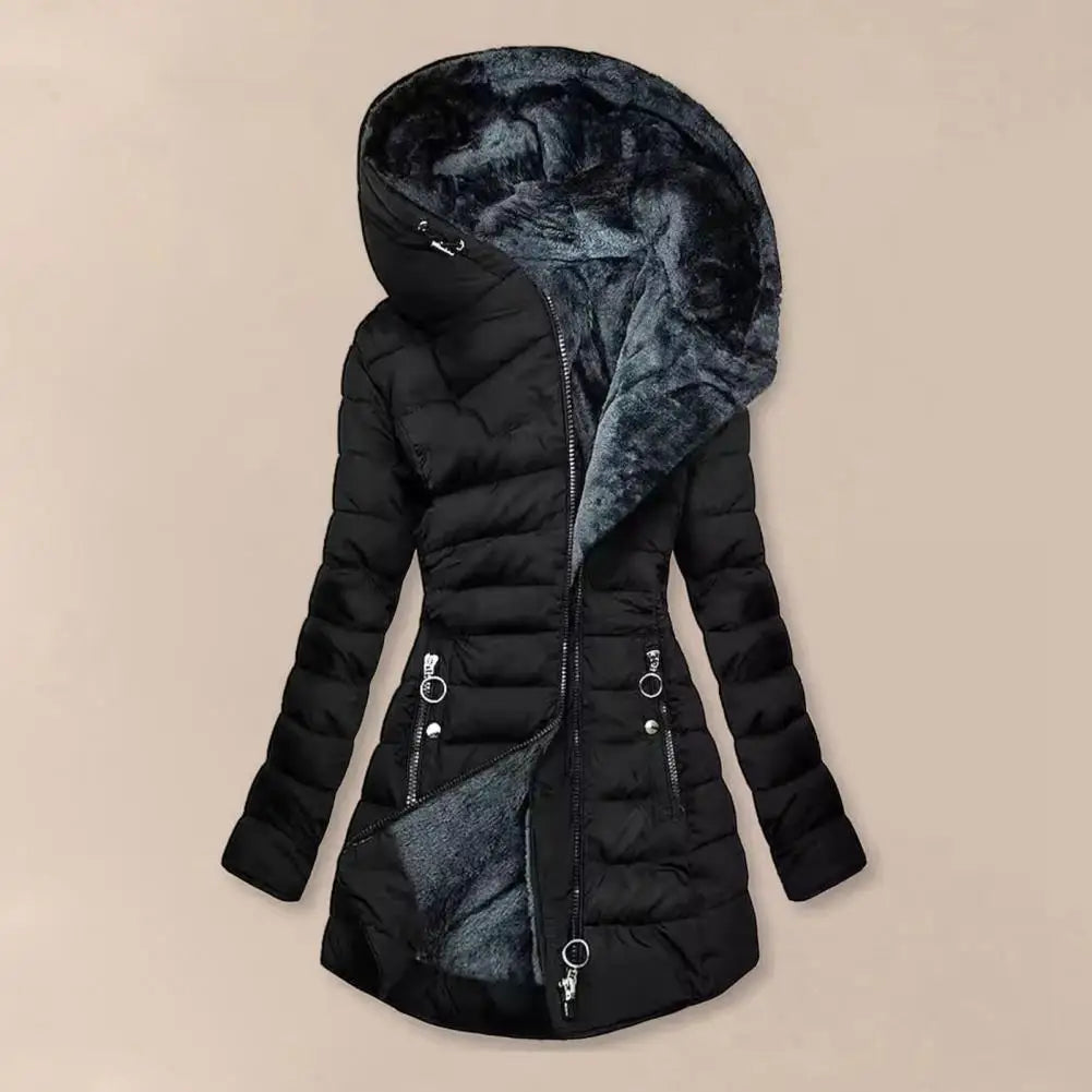 Long Sleeve Coat Plus Size Women's Winter Jacket with Plush Lining Hooded Outerwear Warm Windproof Down Coat for Cold Weather