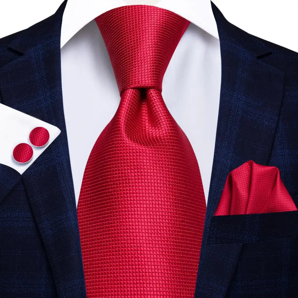Hi-Tie Designer Red Burgundy Plaid Silk Wedding Tie For Men Handky Cufflink Gift Mens Necktie Fashion Business Party Dropshiping