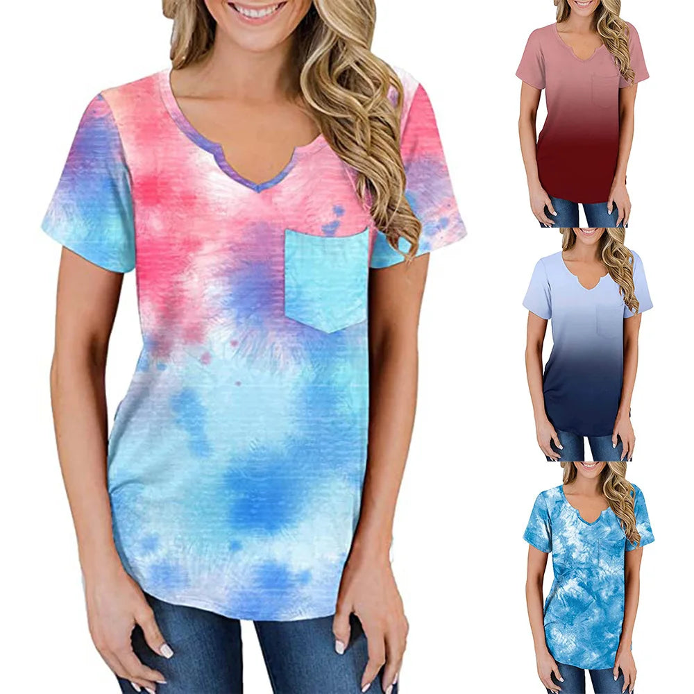 2024 Europe and the United States spring and summer new women's top printed V-neck short sleeve loose pocket T-shirt woman