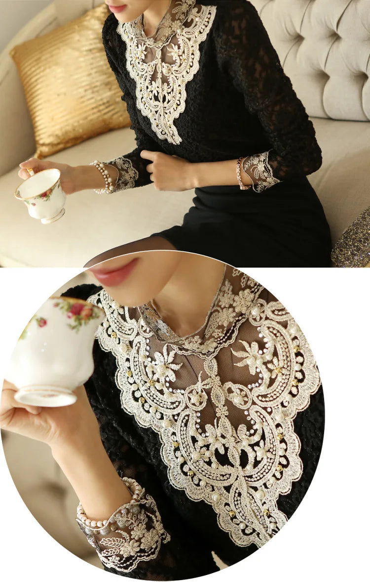 Women T Shirts Vintage Spring Winter Tees Autumn Lace Beads Hole Sexy Tops Warm Blouse Top Casual Full Long Sleeve Shirt