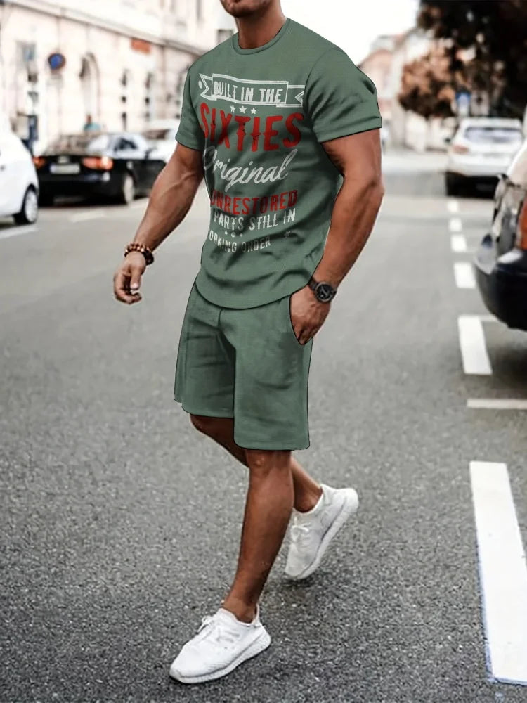 Men's Summer Short Sleeve Set Hip Hop Cartoon Bear Print Short Sleeve Top Shorts Casual Two-piece Outdoor Urban Street Fashion